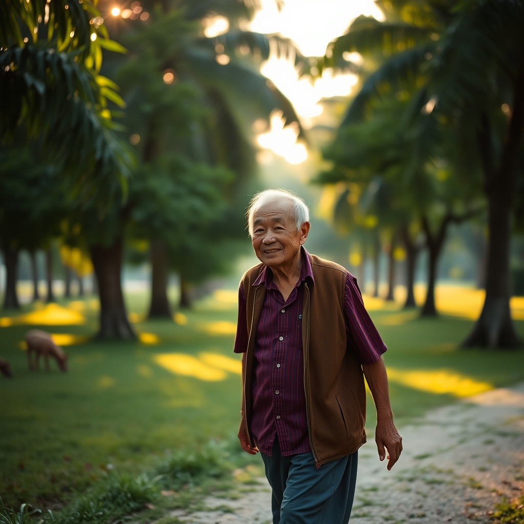 Hình ảnh người cao tuổi thong thả tản bộ buổi sáng trong công viên xanh mát