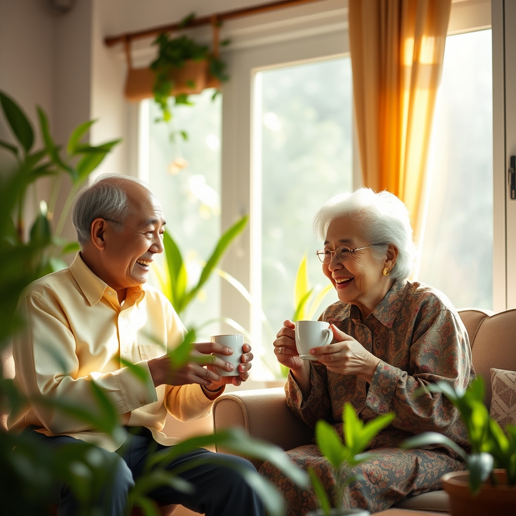 Vợ chồng người cao tuổi trò chuyện vui vẻ bên chén trà ấm tại nhà